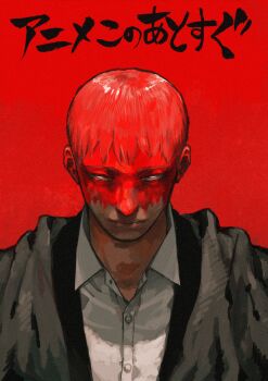 1boy all_for_one_(boku_no_hero_academia) black_jacket blood blood_in_hair blood_on_face boku_no_hero_academia closed_mouth coat copyright_name formal_clothes grey_coat highres horikoshi_kouhei jacket looking_at_viewer mature_male official_art red_background shirt short_hair suit upper_body white_eyes white_shirt