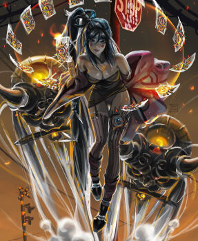 1girl artist_name bare_shoulders black_hair blue_eyes breasts cleavage commentary english_commentary highres large_breasts long_hair looking_at_viewer mouth_hold original outdoors paid_reward_available red_lips road_sign sign solo stop_sign tatti_art thigh_gap thighhighs variant_set