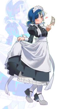 1girl absurdres apron back_bow black_dress black_shoes blue_hair blush bocchi_the_rock! bow breasts buttons closed_mouth dress frilled_apron frills full_body hair_ornament hairclip hand_up heart highres holding holding_money juliet_sleeves long_sleeves looking_at_viewer low_twintails maid maid_apron maid_headdress medium_breasts medium_hair mole mole_under_eye money petticoat puffy_sleeves shoes sidelocks skirt_hold socks sofa_(enogunomu) solo twintails white_apron white_background white_socks yamada_ryo yellow_eyes yen zoom_layer