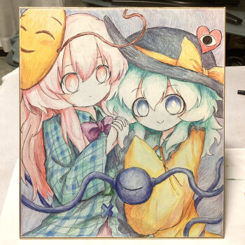 2girls absurdres black_hat blue_eyes bow bowtie buttons collar colored_pencil_(medium) commentary_request diamond_button emoji expressionless eyeball frilled_shirt_collar frilled_sleeves frills green_collar green_hair green_shirt hat hat_ribbon hata_no_kokoro heart heripantomorrow highres holding_hands komeiji_koishi mask mask_on_head multiple_girls pink_eyes pink_hair plaid_clothes plaid_shirt purple_bow purple_bowtie ribbon shirt smile third_eye touhou traditional_media wide_sleeves yellow_ribbon yellow_shirt
