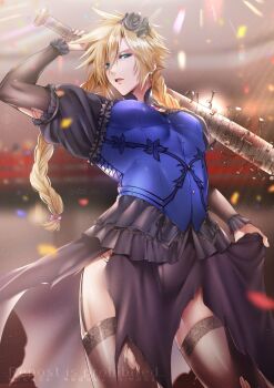 1boy aqua_eyes baseball_bat black_dress black_flower black_hairband black_sleeves black_thighhighs blue_corset bow braid cloud_strife cloud_strife_(blue_dress) coffee colosseum corset cowboy_shot crossdressing crossdressing_(mtf) dress earrings final_fantasy final_fantasy_vii final_fantasy_vii_remake flower garter_straps hair_between_eyes hair_bow hair_flower hair_ornament hairband highres holding holding_baseball_bat jewelry long_hair looking_at_viewer male_focus nail_(hardware) nail_bat official_alternate_costume over_shoulder parted_lips pectorals pink_bow sd0_ino solo spiked_hair thighhighs thighs torn_clothes torn_dress torn_sleeves twin_braids twitter_username weapon weapon_over_shoulder