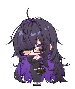 1girl @_@ bare_shoulders black-framed_eyewear black_dress black_hair black_jacket book breasts chibi cleavage closed_mouth colored_inner_hair dress full_body goddess_of_victory:_nikke hair_over_one_eye inesia jacket label_(nikke) large_breasts looking_at_viewer messy_hair mole mole_on_breast multicolored_hair off_shoulder purple_hair simple_background slippers smile solo standing sweat two-tone_hair white_background