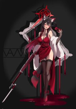 1girl alternate_costume alternate_eye_color animal_ear_fluff animal_ears arisaka bare_shoulders black_arm_warmers black_dress black_garter_straps black_hair black_thighhighs blue_archive bolt_action breasts cleavage colored_inner_hair commentary dress fox_ears fox_girl fox_tail fur_shawl garter_straps gun hair_between_eyes halo highres holding holding_gun holding_weapon jewelry large_breasts long_hair looking_at_viewer multicolored_hair necklace open_mouth red_dress red_eyes red_hair red_halo red_nails red_shoes rifle shawl shoes side_slit sidelocks sleeveless sleeveless_dress solo symbol-only_commentary tail thighhighs two-tone_hair vam_(js_vam) wakamo_(blue_archive) weapon white_shawl