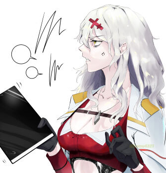 1girl absurdres anger_vein angry annoyed bandeau black_gloves breasts chest_strap cleavage clothing_cutout coat coat_on_shoulders cropped_jacket dog_tags gloves goddess_of_victory:_nikke grey_hair hair_ornament hairclip highres holding holding_tablet_pc isamu4321 jacket large_breasts long_hair messy_hair navel navel_cutout red_bandeau red_jacket sharp_teeth solo speech_bubble stomach_cutout tablet_pc teeth upper_body white_coat yellow_eyes yulha_(nikke)
