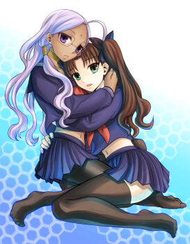 10s 2girls ahoge aqua_eyes bad_id bad_pixiv_id bindi black_legwear brown_hair dark_skin dark-skinned_female facial_mark fate/extra fate/extra_ccc fate_(series) female_focus forehead_mark glasses green_eyes hair_ribbon hug kneeling long_legs looking_at_viewer midriff multiple_girls navel no_shoes open_mouth pantyhose purple_eyes purple_hair rani_viii ribbon sanada_(teketo) school_uniform serafuku thighhighs tohsaka_rin twintails two_side_up yuri