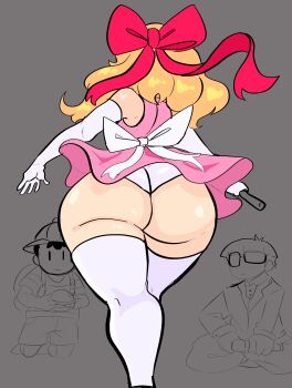 1girl 2boys absurdres alternate_costume ass blonde_hair bow elbow_gloves gloves grey_background hair_bow highres huge_ass jeff_andonuts lemonadepikachu mother_(series) mother_2 multiple_boys ness_(mother_2) nintendo paula_(mother_2) sketch skirt thighhighs