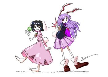 2girls animal_ears barefoot black_hair black_jacket breasts brown_shoes clover dress finger_gun holding imperishable_night inaba_tewi index_finger_raised jacket long_hair long_sleeves medium_hair multiple_girls necktie open_mouth pink_dress pleated_skirt pointing puffy_short_sleeves puffy_sleeves purple_hair purple_skirt rabbit_ears rabbit_girl rabbit_tail red_eyes red_necktie reisen_udongein_inaba shirt shoes short_sleeves signature simple_background skirt smug socks tail teeth touhou wavy_hair white_background white_fur white_shirt white_socks yoiy_san