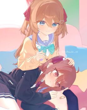 2girls absurdres ahoge aqua_bow aqua_bowtie asymmetrical_legwear bandaid bandaid_on_knee bandaid_on_leg black_cardigan black_skirt black_thighhighs blue_eyes blue_sailor_collar blush bow bowtie broken_heart broken_heart_hair_ornament brown_hair cardigan closed_mouth collared_shirt commission couch cowboy_shot day ear_cleaning embarrassed evil_neuro-sama hair_between_eyes hair_ornament hair_ribbon heart heart_hair_ornament hidzuchi_18 highres indoors lap_pillow long_hair long_sleeves looking_at_another lying mimikaki multiple_girls neuro-sama on_side raised_eyebrows red_eyes red_ribbon ribbon sailor_collar shirt siblings sitting skeb_commission skirt smile split_mouth star-shaped_pillow thighhighs torn_hair_ribbon torn_ribbon twins twitter_username two_side_up vedal_ai very_long_hair virtual_youtuber white_shirt window yellow_cardigan