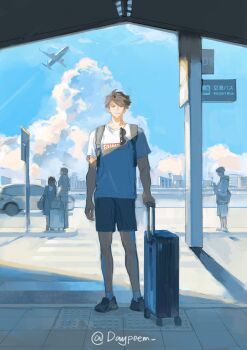 1boy aircraft airplane airport backpack bag black_bag black_shoes black_shorts brown_eyes brown_hair car cityscape cloud commentary cumulonimbus_cloud daypoem english_commentary full_body haikyuu!! highres male_focus motor_vehicle oikawa_tooru_(haikyuu!!) parted_hair people print_shirt rolling_suitcase shirt shoes shorts sidewalk sign sky standing suitcase sunglasses twitter_username unworn_eyewear