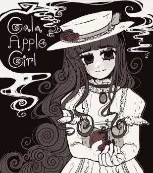 1girl apple bow brown_background brown_choker brown_eyes brown_hair choker closed_mouth dress flower food frilled_choker frills fruit grey_bow hat hat_bow hat_flower holding holding_food holding_fruit jewelry looking_to_the_side necklace nokota_(roseary) original red_flower roseary smile solo upper_body white_dress white_hat