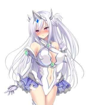 1girl :o arm_at_side armor averting_eyes bare_shoulders blue_skirt blush braid breasts center_opening chikubi_(artist) cleavage cleavage_cutout clenched_hand clothing_cutout covered_erect_nipples cowboy_shot elbow_gloves embarrassed faulds frilled_skirt frills game_cg gem gloves hair_between_eyes hand_up headpiece highleg highleg_leotard impossible_clothes impossible_leotard kusarou large_breasts large_variant_set layered_skirt legs_together leotard long_hair looking_to_the_side magical_girl mahou_shoujo_inori mamiya_inori miniskirt navel navel_cutout non-web_source nose_blush official_art one_side_up overskirt parted_lips pink_eyes red_eyes see-through_clothes showgirl_skirt sidelocks simple_background skirt solo standing thighhighs tiara transparent_background variant_set very_long_hair white_background white_gloves white_hair white_leotard white_thighhighs