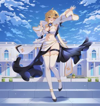 1girl absurdres ahoge arme_(cgsy7484) black_skirt blonde_hair blue_sky blush breasts building cleavage clenched_hand cloud commentary commission day english_commentary full_body hair_between_eyes hair_ornament highres large_breasts long_sleeves looking_at_viewer medium_breasts medium_hair navel original outdoors shirt sidelocks skirt sky smile solo stairs standing thigh_strap thighhighs thighs waving white_shirt white_thighhighs wide_sleeves window yellow_eyes