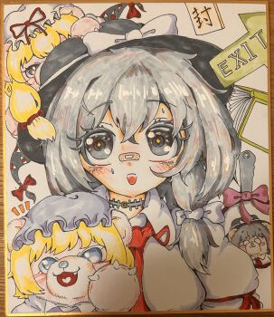 Rule 34 | 1girl, absurdres, alternate hair color, asymmetrical hair, bandaid, black hat, blonde hair, blue eyes, blush, book, bow, character doll, collared dress, collared shirt, commentary request, contrast collar, doll, dress, gap (touhou), grey eyes, grey hair, hair bow, hat, hat bow, hat ribbon, heart, highres, kumakawaiikuma1999, maribel hearn, mob cap, necktie, open mouth, purple dress, purple eyes, red bow, red necktie, red ribbon, ribbon, shirt, solo focus, stuffed animal, stuffed toy, sweatdrop, teddy bear, touhou, traditional media, usami renko, white bow, white shirt, yakumo yukari