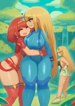 3girls absurdres blonde_hair blue_bodysuit blue_eyes blush bodysuit breasts closed_eyes cloud company_connection crossover dress earrings flower gloves grass hand_on_own_hip headpiece heart highres jewelry large_breasts leotard long_hair looking_at_another metroid multiple_girls mythra_(xenoblade) nintendo open_mouth pyra_(xenoblade) red_gloves red_hair red_leotard red_shorts red_thighhighs rock samus_aran shoes short_hair shorts sky sleeveless sleeveless_dress smile sparkle standing thick_thighs thigh_strap thighhighs thighs tony_welt tree water waterfall white_dress white_gloves white_shoes wide_hips wristband xenoblade_chronicles_(series) xenoblade_chronicles_2 yellow_eyes yuri zero_suit