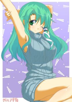 1girl advenchara alternate_costume armpits breasts closed_mouth commentary_request dress feet_out_of_frame frog_hair_ornament green_eyes green_hair grey_sweater hair_ornament hair_tubes kochiya_sanae large_breasts long_hair looking_at_viewer one_eye_closed purple_background single_hair_tube sitting sleeveless sleeveless_turtleneck smile snake_hair_ornament solo sweater sweater_dress touhou turtleneck turtleneck_sweater yokozuwari