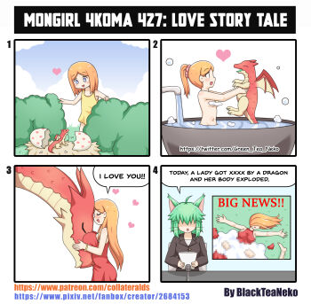 1boy 2girls 4koma absurdres bathtub breaking_news comic convenient_censoring cum dragon dress english_text greenteaneko greenteaneko-chan guro highres implied_bestiality implied_sex multiple_girls mutilation original soap_bubbles soap_censor