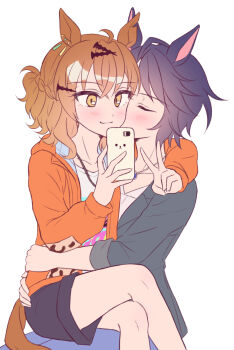 2girls animal_ears black_hair black_jacket black_shorts brown_eyes brown_hair cellphone closed_eyes closed_mouth commentary_request fuji_kiseki_(umamusume) highres holding holding_phone horse_ears horse_girl horse_tail hug jacket jewelry jungle_pocket_(umamusume) kiss kissing_cheek korean_commentary multiple_girls necklace orange_jacket phone selfie shirt short_hair shorts simple_background sitting sitting_on_lap sitting_on_person smartphone smile tail umamusume v white_background white_shirt youngyangtang yuri