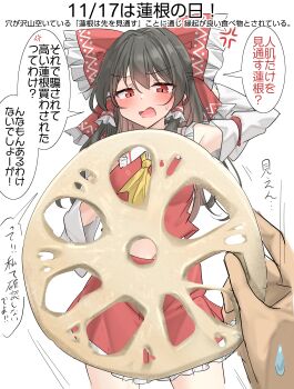 1boy absurdres anger_vein black_gloves bow detached_sleeves frilled_bow frilled_hair_tubes frills gloves hair_bow hair_tubes hakurei_reimu highres looking_at_viewer lotus_root midriff open_mouth red_bow red_eyes red_shirt red_skirt shirt simple_background skirt speech_bubble standing touhou translation_request white_background white_sleeves youyume-kun