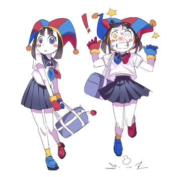 +_+ 1girl alternate_costume asymmetrical_footwear asymmetrical_gloves bag black_hair blue_eyes blue_gloves blue_neckerchief blush clenched_teeth commentary_request dltkdqhkfff gloves grey_skirt hat holding holding_bag jester_cap korean_commentary looking_at_viewer mismatched_footwear mismatched_gloves mismatched_pupils multicolored_eyes multicolored_neckerchief neckerchief open_mouth parted_lips pleated_skirt pomni_(the_amazing_digital_circus) red_eyes red_gloves red_neckerchief sailor_collar school_bag school_uniform shirt simple_background skirt surprised sweat teeth the_amazing_digital_circus white_background white_shirt