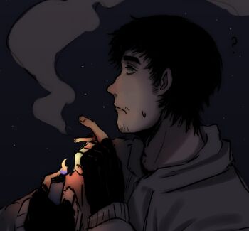 Rule 34 | 1boy, ?, bags under eyes, beard stubble, black eyes, black gloves, black hair, cigarette, commentary, cry of fear, english commentary, facial hair, fingerless gloves, frown, gloves, grey hoodie, holding, holding cigarette, holding lighter, hood, hood down, hoodie, lighter, looking at viewer, male focus, night, raykills, short hair, simon henriksson, smoke, smoke trail, solo, stubble, sweatdrop, upper body