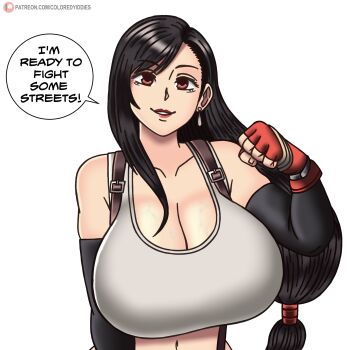 1girl absurdres breasts cleavage coloredyiddies earrings elbow_gloves female_focus final_fantasy final_fantasy_vii fingerless_gloves gloves highres huge_breasts jewelry lipstick long_hair looking_at_viewer makeup navel red_eyes solo speech_bubble suspenders tifa_lockhart upper_body veins veiny_breasts