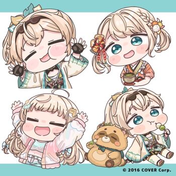 1girl :d :t against_fourth_wall ahoge arms_up black_gloves blonde_hair blue_background blue_eyes blue_shirt blue_skirt blush_stickers braid brown_kimono chibi closed_eyes closed_mouth commentary_request crop_top dango eating fingerless_gloves food gloves holding holding_food hololive jacket japanese_clothes kazama_iroha kazama_iroha_(1st_costume) kimono long_hair long_sleeves midriff mochimiko multicolored_hair multiple_views navel official_art open_clothes open_jacket open_mouth pink_jacket pleated_skirt puffy_long_sleeves puffy_sleeves sanshoku_dango sarashi shirt sitting skirt sleeves_past_wrists smile thighhighs two-tone_hair very_long_hair virtual_youtuber wagashi wavy_mouth white_background white_thighhighs