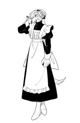 Rule 34 | 1boy, absurdres, animal ears, apron, back bow, boots, bow, claws, closed mouth, commentary request, crossdressing, dog boy, dog ears, dog tail, dress, frilled apron, frills, full body, greyscale, hand up, highres, juliet sleeves, long hair, long sleeves, looking to the side, maid, maid apron, maid headdress, male focus, monochrome, original, puffy sleeves, rata (norahasu), simple background, smile, solo, standing, tail, white background