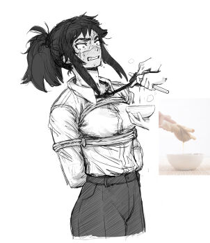 Rule 34 | 1girl, 1other, bdsm, blush, bondage, bound, bowl, breasts, chainsaw man, clenched teeth, clothes grab, collared shirt, cropped legs, disembodied hand, greyscale, highres, holding, holding bowl, korean commentary, medium breasts, medium hair, monochrome, necktie, necktie grab, neckwear grab, oladohamm, out of frame, pants, ponytail, reference inset, scar, scar on face, shirt, shirt tucked in, sidelocks, simple background, solo focus, sweat, teeth, tendou michiko, veins, very sweaty, wide-eyed, wringing clothes