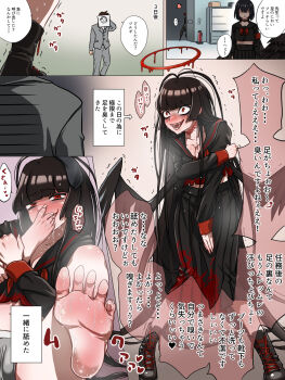 1boy 2girls barefoot black_hair black_shirt black_skirt black_wings blue_archive bow bowtie commentary_request doodle_sensei_(blue_archive) feet grey_panties halo highres long_hair long_sleeves mashiro_(blue_archive) multiple_girls open_mouth panties red_bow red_bowtie red_eyes s_fetish_taro sensei_(blue_archive) shirt skirt smell soles toes tsurugi_(blue_archive) underwear very_long_hair wings