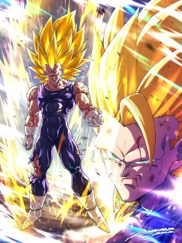 Rule 34 | 2boys, aura, battle damage, blood, blood from forehead, blood from mouth, blue bodysuit, bodysuit, boots, boyerjorys, close-up, commentary, dragon ball, dragon ball daima, dragonball z, electricity, english commentary, full body, gloves, highres, long hair, majin vegeta, male focus, multiple boys, muscular, muscular male, no eyebrows, solo focus, son goku, spiked hair, super saiyan, super saiyan 3, torn bodysuit, torn clothes, vegeta, veins, white boots, white gloves