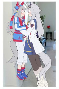 2girls against_wall animal_ears black_pantyhose blue_shoes blue_skirt blue_sports_bra carrying carrying_person diamond_(shape) ear_covers ear_ornament eye_contact fang fingerless_gloves from_side gloves grey_hair hairband height_difference highres horse_ears horse_girl horse_tail indoors lauren_phillips_lifting_alice_merchesi_(meme) lifting_person lightning_bolt_print lightning_bolt_symbol looking_at_another meme multiple_girls oguri_cap_(starlight_beat)_(umamusume) oguri_cap_(umamusume) open_mouth operajoshi pants pantyhose photo_background shirt shoes skirt sports_bra sweat tail tamamo_cross_(umamusume) tamamo_cross_(with_lightning_speed)_(umamusume) umamusume white_gloves white_pants white_shirt