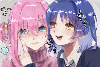 2girls black_ribbon black_sweater blue_eyes blue_hair blush bocchi_the_rock! commentary_request cube_hair_ornament diamond_(gemstone) earrings eyes_visible_through_hair flying_sweatdrops gotoh_hitori grey_background hair_between_eyes hair_ornament hairclip highres jacket jewelry long_hair long_sleeves looking_at_another mole mole_under_eye multiple_girls neck_ribbon nervous_sweating one_side_up open_mouth parallel_hairclips pink_hair pink_jacket ribbon shirt shirt_under_sweater short_hair smile sparkle stud_earrings sweat sweater tanaka_ruuchin track_jacket white_shirt yamada_ryo yellow_eyes