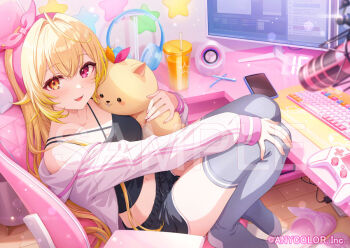 Rule 34 | 1girl, bare shoulders, black shorts, blonde hair, commentary request, dolphin shorts, grey thighhighs, hairband, hand on own knee, hoshikawa sara, long hair, long sleeves, midriff, mikami nacaba, navel, nijisanji, official art, orange eyes, parted lips, pink eyes, pink hairband, sample watermark, shorts, sitting, smile, solo, thighhighs, very long hair, virtual youtuber, watermark