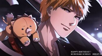 Rule 34 | 1046sstep btoh, 2boys, bleach, brown eyes, character name, commentary request, dated, happy birthday, kon (bleach), kurosaki ichigo, male focus, multiple boys, orange hair, signature, stuffed animal, stuffed lion, stuffed toy, sword, weapon