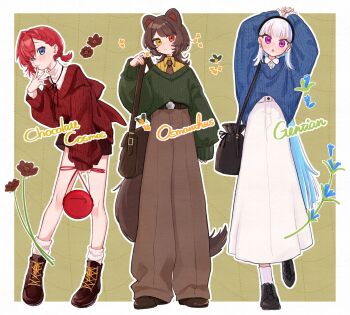 3girls 3znk :o alternate_costume ange_katrina animal_ears ankle_boots arms_up asymmetrical_bangs autumn bag baggy_pants belt black_bag black_hairband black_ribbon black_shoes blue_eyes blue_flower blue_hair blue_nails blue_sweater blush boots border braid braided_bangs brown_bag brown_belt brown_boots brown_flower brown_hair brown_necktie brown_pants brown_shoes brown_skirt brown_tail closed_mouth collared_shirt colored_inner_hair commentary_request cosmos_(flower) crossed_bangs dog_ears dog_girl dog_tail dotted_line earrings english_text finger_to_mouth flower gentiana_(flower) gold_osmanthus green_sweater grid_background hair_behind_ear hair_between_eyes hair_intakes hairband hand_up handbag heterochromia high-waist_skirt highres holding holding_bag holding_strap inui_toko jewelry lace-up_boots leaning_to_the_side lize_helesta long_hair long_skirt long_sleeves looking_at_viewer low_ponytail medium_hair miniskirt multicolored_hair multiple_girls nail_polish neck_ribbon necktie nijisanji orange_flower orange_nails outline outside_border own_hands_together pants pinstripe_pattern pinstripe_shirt ponytail puffy_long_sleeves puffy_sleeves purple_eyes red_bag red_eyes red_hair red_nails red_sweater ribbon round_bag sanbaka_(nijisanji) satchel shirt shirt_under_sweater shoes short_ponytail shoulder_bag skirt sleeves_past_wrists socks standing standing_on_one_leg streaked_hair sweater swept_bangs tail turtleneck two-tone_hair very_long_hair virtual_youtuber white_border white_hair white_outline white_shirt white_skirt white_socks wolf_cut yellow_background yellow_eyes yellow_shirt
