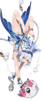 1girl absurdres acrobatics aqua_headband barefoot berserker_r blue_hair blue_hairband blue_nails blush body_markings braid commentary_request creature crop_top feet fingernails fish-shaped_pupils fur-lined_gloves genshin_impact hairband headband highres holding holding_instrument holding_maracas instrument jewelry light_blue_hair long_hair looking_at_viewer low_twin_braids maracas mualani_(genshin_impact) nail_polish open_mouth parted_lips ring simple_background smile solo tan teeth thighs toe_ring toenail_polish toenails twin_braids upper_teeth_only upside-down white_background white_hair