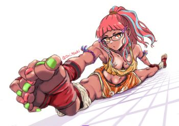1girl boxing_shorts fatal_fury fatal_fury:_city_of_the_wolves feet fingerless_gloves glasses gloves highres leg_warmers multicolored_hair ori_tsuki pink_hair ponytail preecha_(fatal_fury) shorts snk stirrup_footwear stretching tank_top