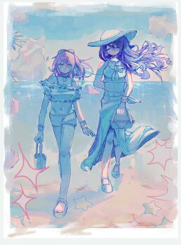 +++ 2girls absurdres alternate_hair_color aubrey_(faraway)_(omori) aubrey_(omori) bag basket beach bikini blue_eyes blue_sky blush bow bracelet breasts closed_eyes day double-parted_bangs earrings flip-flops flower_earrings hair_between_eyes hair_bow highres holding holding_bag holding_basket ikiosu_(bloobaybeach) jewelry long_hair looking_at_viewer mari_(faraway)_(omori) mari_(omori) multiple_girls navel navel_piercing omori open_mouth outdoors piercing pink_hair polka_dot polka_dot_bow sandals shorts sky small_breasts smile swimsuit water white_bikini