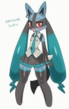 1girl animal_ears batrobin_k black_thighhighs breasts clothed_pokemon commentary_request cosplay detached_sleeves fang furry furry_female gen_4_pokemon hatsune_miku hatsune_miku_(cosplay) highres long_hair lucario mega_lucario_z necktie nintendo pokemon red_eyes simple_background small_breasts thick_thighs thighhighs thighs twintails very_long_hair vocaloid white_background