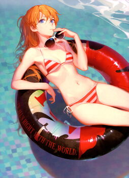 Rule 34 | 1girl, absurdres, afloat, ask (askzy), bikini, blue eyes, closed eyes, commentary request, highres, long hair, male swimwear, neon genesis evangelion, orange hair, outdoors, pool, shiny skin, side-tie bikini bottom, souryuu asuka langley, striped bikini, striped clothes, sunglasses, sunglasses removed, swim trunks, swimsuit, water, wide hips