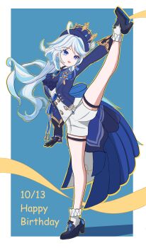 1girl absurdres black_gloves black_shoes blue_background blue_eyes blue_hat blue_jacket border chinese_commentary commentary_request frilled_socks frills full_body furina_(genshin_impact) genshin_impact gloves happy_birthday hat heterochromia high_heels highres jacket leg_up long_sleeves open_mouth shoes shorts simple_background smile socks split standing standing_on_one_leg standing_split tailcoat thigh_strap tsukiko_neko white_border white_shorts white_socks