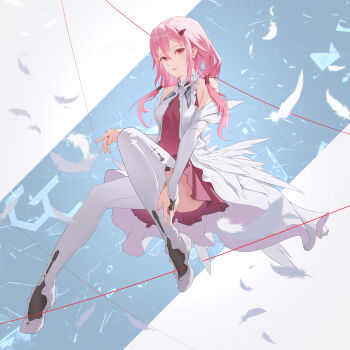 1girl absurdres bare_shoulders chinese_commentary commentary_request copyright_logo dress elbow_gloves elfalvis feathers fingerless_gloves full_body gloves guilty_crown hair_between_eyes hair_ornament hair_tubes hairclip highres logo long_hair looking_at_viewer low_twintails multicolored_dress official_alternate_costume parted_lips pink_dress pink_hair red_eyes solo thighhighs twintails white_background white_dress white_feathers white_gloves white_thighhighs yuzuriha_inori