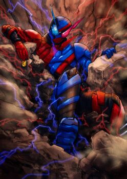 1boy adi_(adivider) energy fullbottle hashtag-only_commentary highres kamen_rider kamen_rider_build kamen_rider_build_(series) lying male_focus on_ground rock rubble