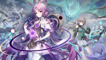 3girls absurdres bare_shoulders black_sleeves black_sun blue_dress boots bow-shaped_hair brown_hair clothing_cutout constellation constellation_print detached_sleeves dress forehead_jewel fu_xuan_(honkai:_star_rail) green_dress green_eyes hair_between_eyes hair_ornament hair_rings hair_stick hairclip high-low_skirt high_heel_boots high_heels highres honkai:_star_rail honkai_(series) jewelry jingliu_(honkai:_star_rail) layered_clothes lemonpear long_hair looking_at_viewer low_twintails mahjong mahjong_tile miniskirt multicolored_eyes multiple_girls pantyhose parted_bangs pink_eyes pink_hair purple_rope qingque_(honkai:_star_rail) reverse_grip rope shoulder_cutout skirt smile sun tassel tassel_hair_ornament twintails two-tone_eyes very_long_hair white_hair white_pantyhose white_skirt yellow_eyes