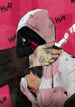 Rule 34 | 1boy, arm up, bandaged hand, bandages, black jacket, blood, blood splatter, bloody knife, brown eyes, dead by daylight, drawstring, frank morrison, hashtag-only commentary, highres, holding, holding knife, holding weapon, hood, hood up, hooded jacket, jacket, jacket partially removed, knife, male focus, open clothes, open jacket, partially unzipped, red background, solo, sound effects, the legion (dead by daylight), upper body, vaiiwxitao37079, weapon, wide-eyed, zipper