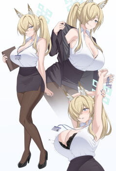 1girl animal_ear_fluff animal_ears armpits arms_up ass bare_shoulders blonde_hair blue_archive blush bra_visible_through_clothes breasts bursting_breasts cleavage closed_mouth commentary dog_ears dog_girl english_commentary flying_button full_body greyscale hair_over_one_eye halo high_heels high_ponytail highres holding holding_lanyard id_card kanna_(blue_archive) lanyard large_breasts leggings long_hair looking_at_object looking_at_viewer monochrome multiple_views mzrz office_lady parted_lips pencil_skirt ponytail removing_jacket sharp_teeth shirt_tucked_in skirt teeth thighs upper_body