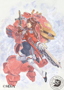 1girl black_pants boots brown_eyes buttons coattails collar copyright_notice cross cross_print double-breasted english_text erica_fontaine feathers from_side gloves gun happy holding holding_gun holding_weapon hole jacket jet_engine koubu koubu_f leg_up long_hair long_sidelocks low-tied_long_hair low_ponytail mandarin_collar matsubara_hidenori mecha military_uniform multicolored_footwear official_art open_mouth outline outstretched_arm outstretched_hand pants ponytail red_jacket red_mecha red_uniform robot sakura_taisen sakura_taisen_iii second-party_source sega sidelocks smile submachine_gun thigh_boots tight_clothes tight_pants traditional_media trigger_discipline watermark weapon white_collar white_feathers white_gloves white_outline