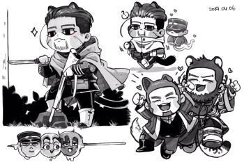 6+boys :3 animal_ears battle_rifle bayonet beard belt belt_buckle blush_stickers boots buckle bush cat_ears cat_tail character-themed_food cloak commentary_request dango dated dog_ears dog_tail earrings facial_hair facial_scar food goatee golden_kamuy greyscale gun hair_slicked_back hat heart highres jacket japanese_clothes jewelry jumping kepi kimono kiroranke koito_otonoshin leg_warmers leopard_ears leopard_tail long_hair ma9l4raa male_focus military_hat military_uniform mishima_kennosuke mole mole_under_eye monochrome multiple_boys ogata_hyakunosuke open_mouth pants peaked_cap pouch rifle rock scar scar_on_cheek scar_on_face scarf shiraishi_yoshitake short_hair sideburns simple_background sparkle tail teeth tree tsukishima_hajime uneven_footing upper_teeth_only usami_tokishige very_short_hair vest wagashi walking weapon white_background