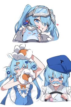 Rule 34 | 1girl, absurdres, animal ears, animal hands, arahashi tabi, blue eyes, blue hair, blue hat, blush, bow, cropped torso, crying, crying with eyes open, double bun, fake facial hair, fake mustache, gloves, goggles, goggles on head, hair bun, hair ornament, hairclip, hat, heart, heart hair ornament, highres, holding, long hair, long sleeves, mmhomm, multiple views, paw gloves, shirt, simple background, stellive, tearing up, tears, twintails, upper body, v-shaped eyebrows, white background