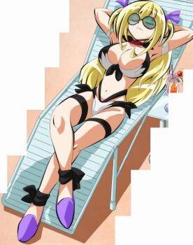 1girl ake_no_hoshi_no_elise armpits arms_behind_head battle_spirits bikini blonde_hair breasts cleavage closed_eyes crossed_legs feet highres large_breasts legs long_hair lying navel solo stitched sunglasses swimsuit thighs third-party_edit thong_bikini twintails
